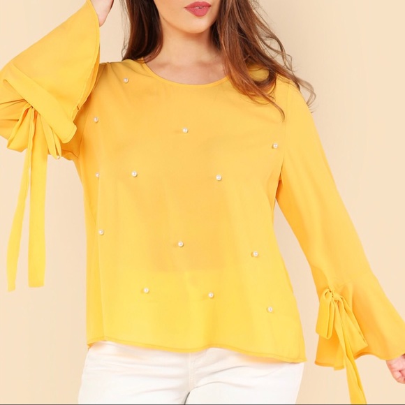 Plus Size Yellow Blouse With Pearls - Picture 2 of 7